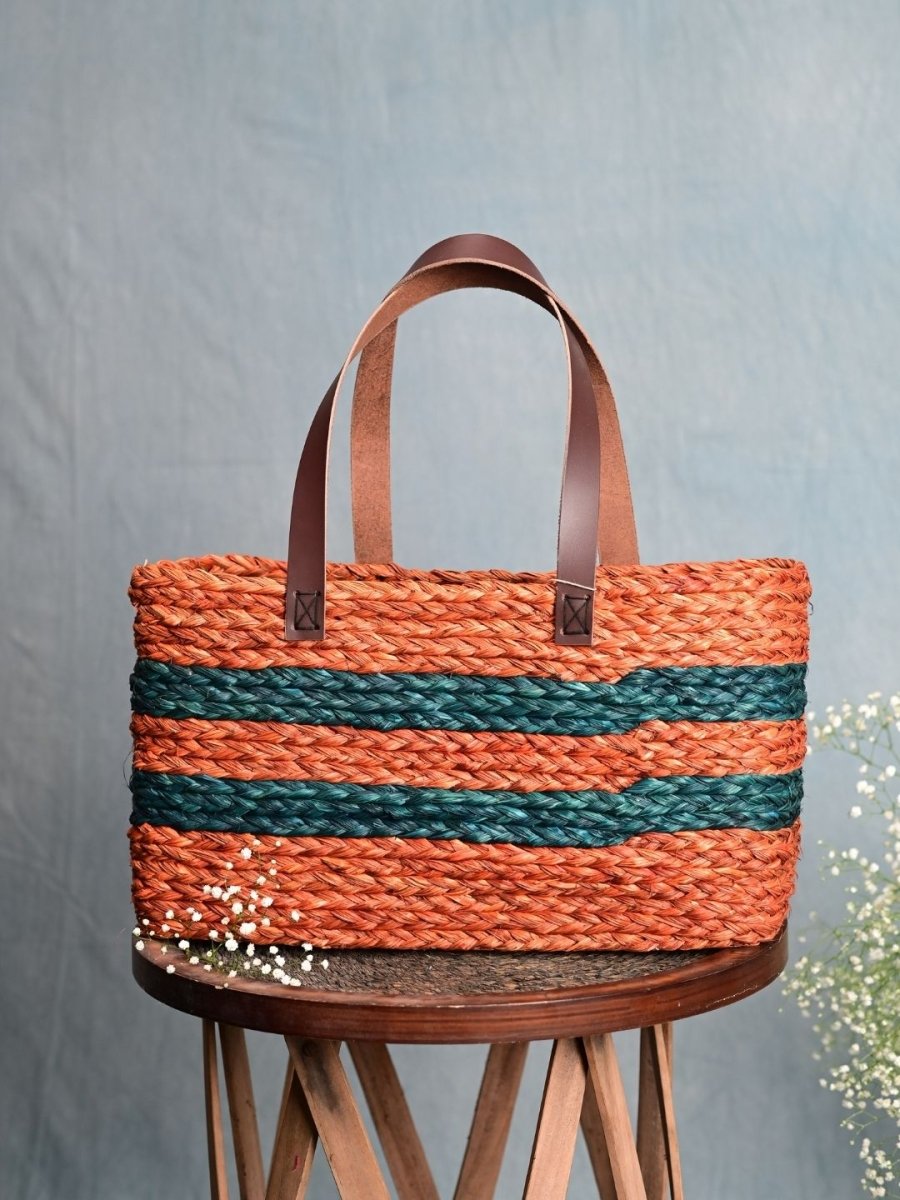 Handmade Sabai Grass Shopping Bag - Orange & Indigo - Kadam Haat