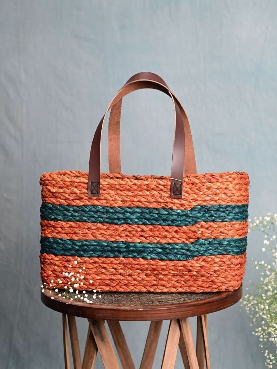 Handmade Sabai Grass Shopping Bag - Orange & Indigo - Kadam Haat