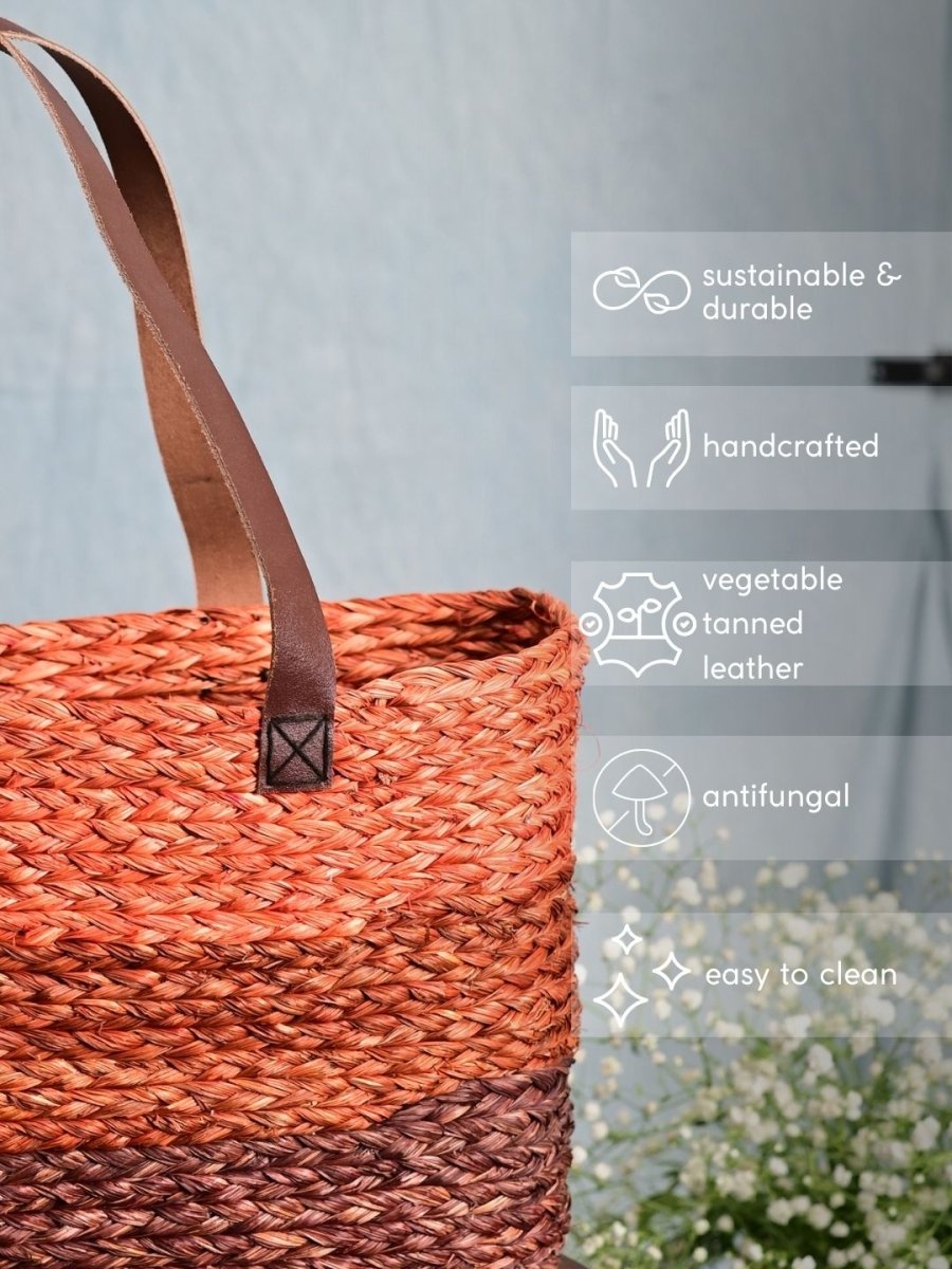 Handmade Sabai Grass Shopping Bag - Orange & Red - Kadam Haat