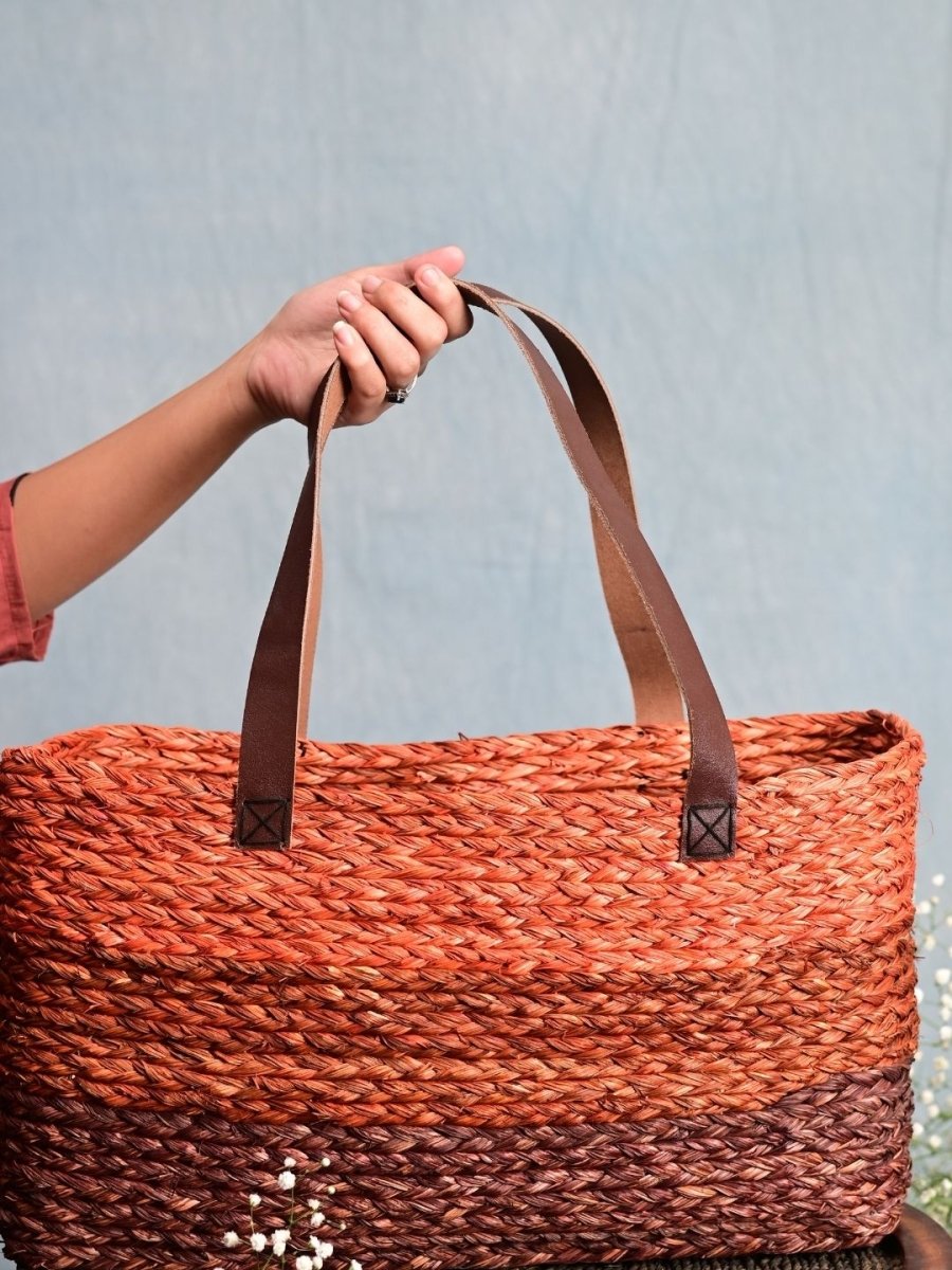Handmade Sabai Grass Shopping Bag - Orange & Red - Kadam Haat