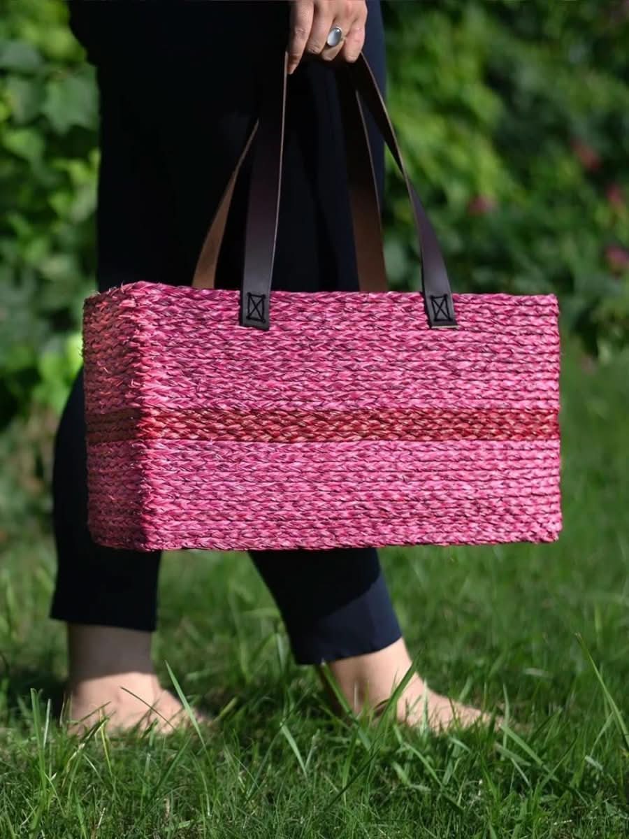 Handmade Sabai Grass Shopping Bag - Red - Kadam Haat
