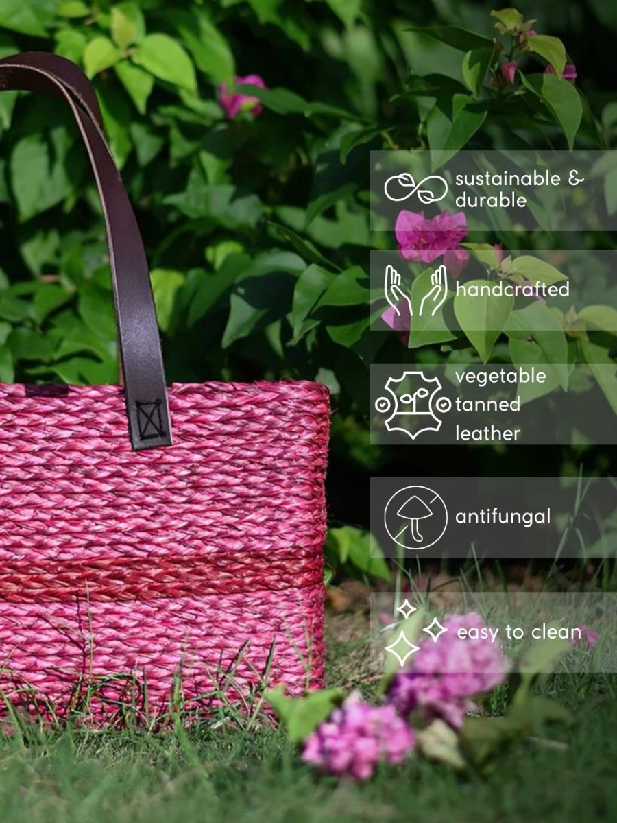 Handmade Sabai Grass Shopping Bag - Red - Kadam Haat