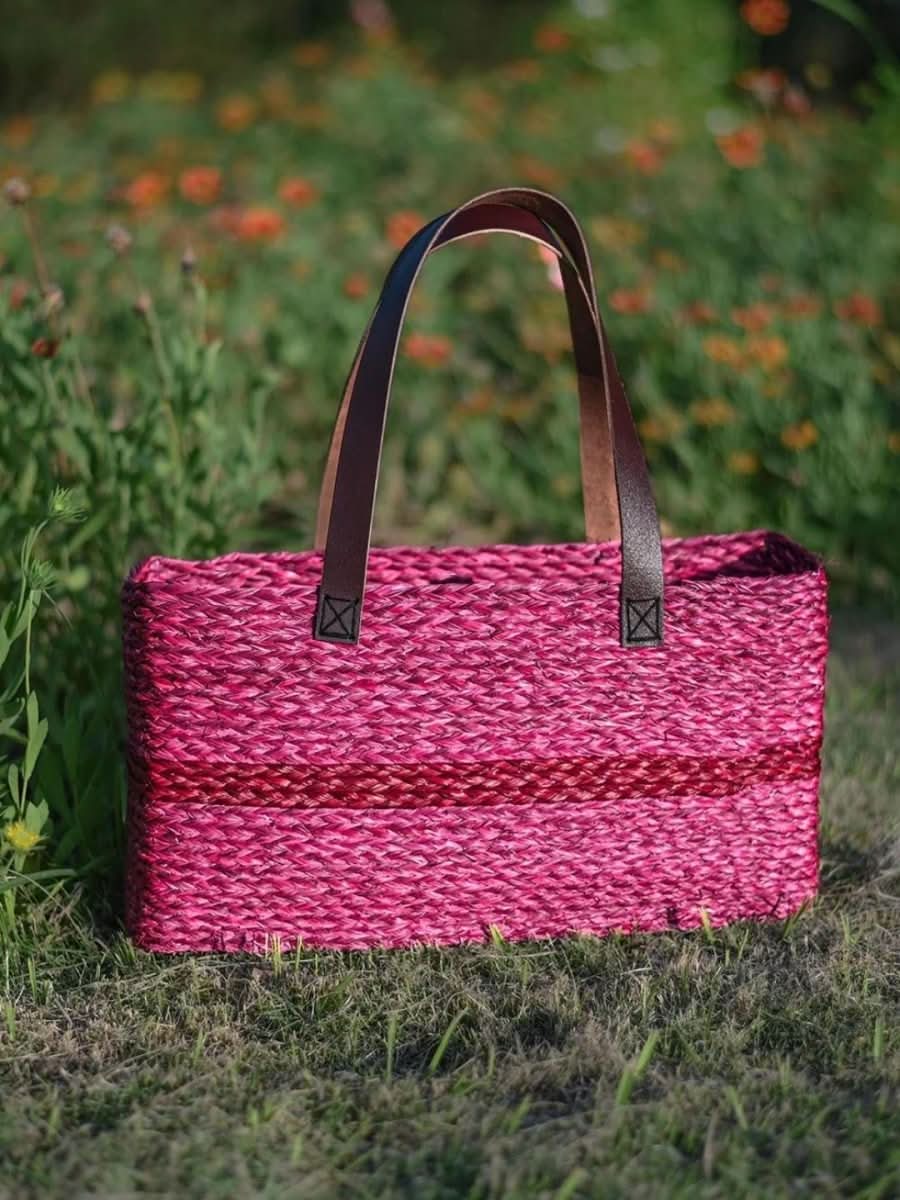 Handmade Sabai Grass Shopping Bag - Red - Kadam Haat