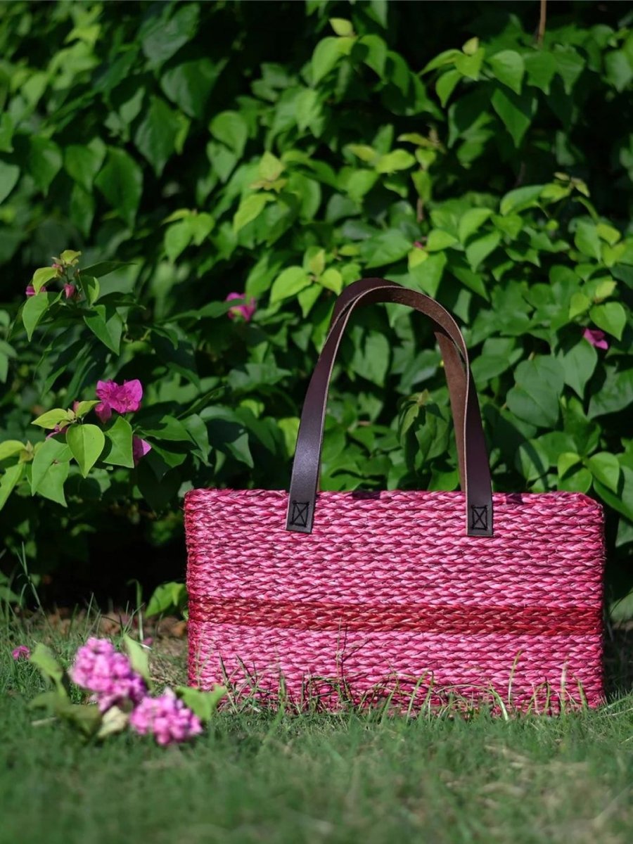 Handmade Sabai Grass Shopping Bag - Red - Kadam Haat