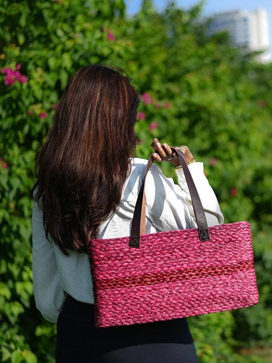 Handmade Sabai Grass Shopping Bag - Red - Kadam Haat