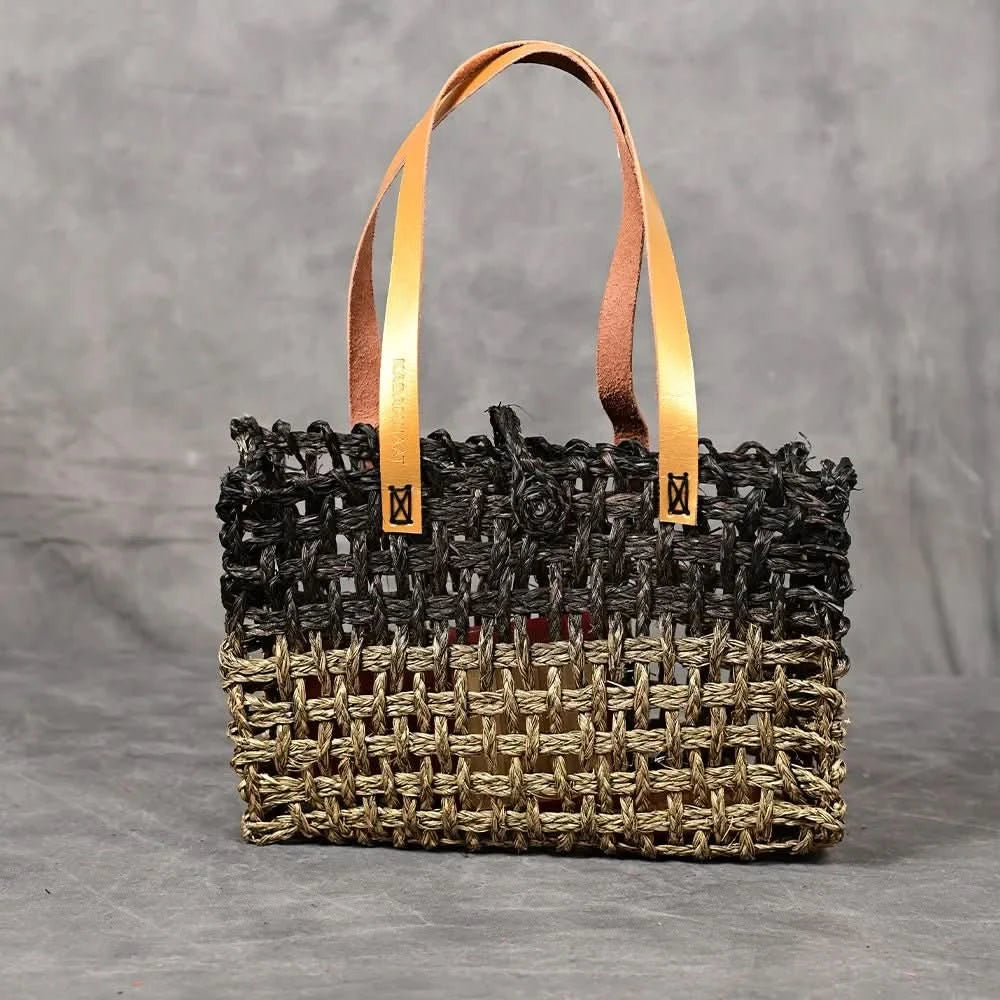 Handmade Sabai Grass Small Mesh Bag - Black and Gold - Kadam Haat