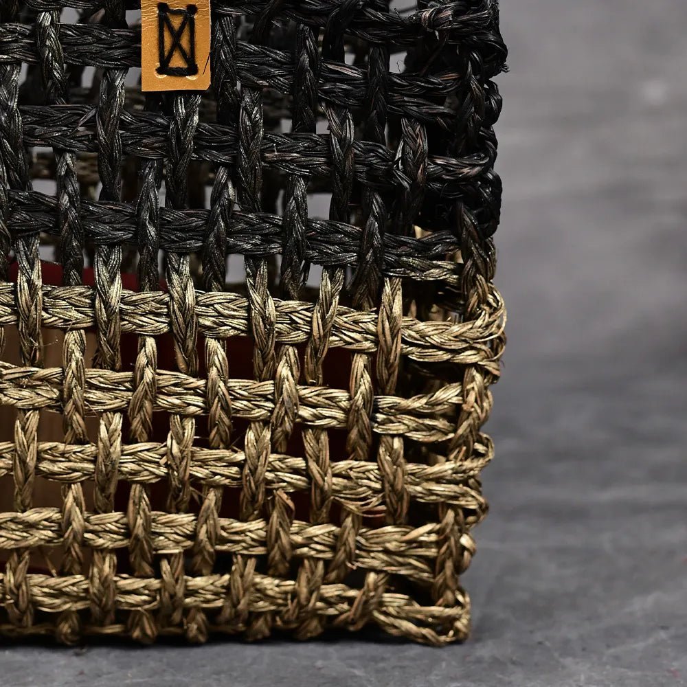 Handmade Sabai Grass Small Mesh Bag - Black and Gold - Kadam Haat