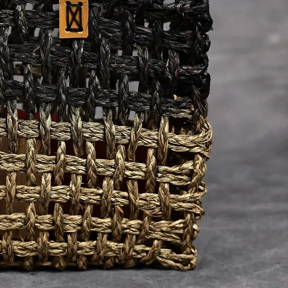Handmade Sabai Grass Small Mesh Bag - Black and Gold - Kadam Haat