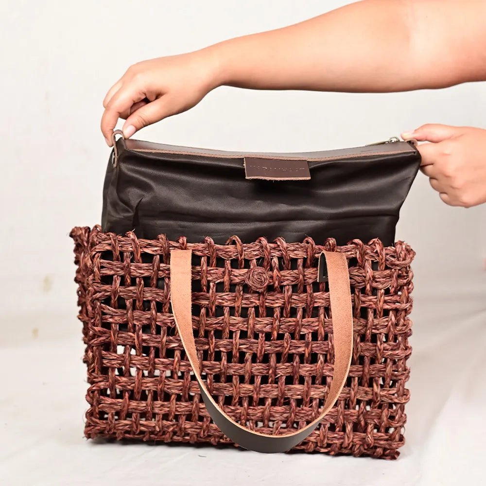 Handmade Sabai Grass Small Mesh Bag - Brown - Kadam Haat