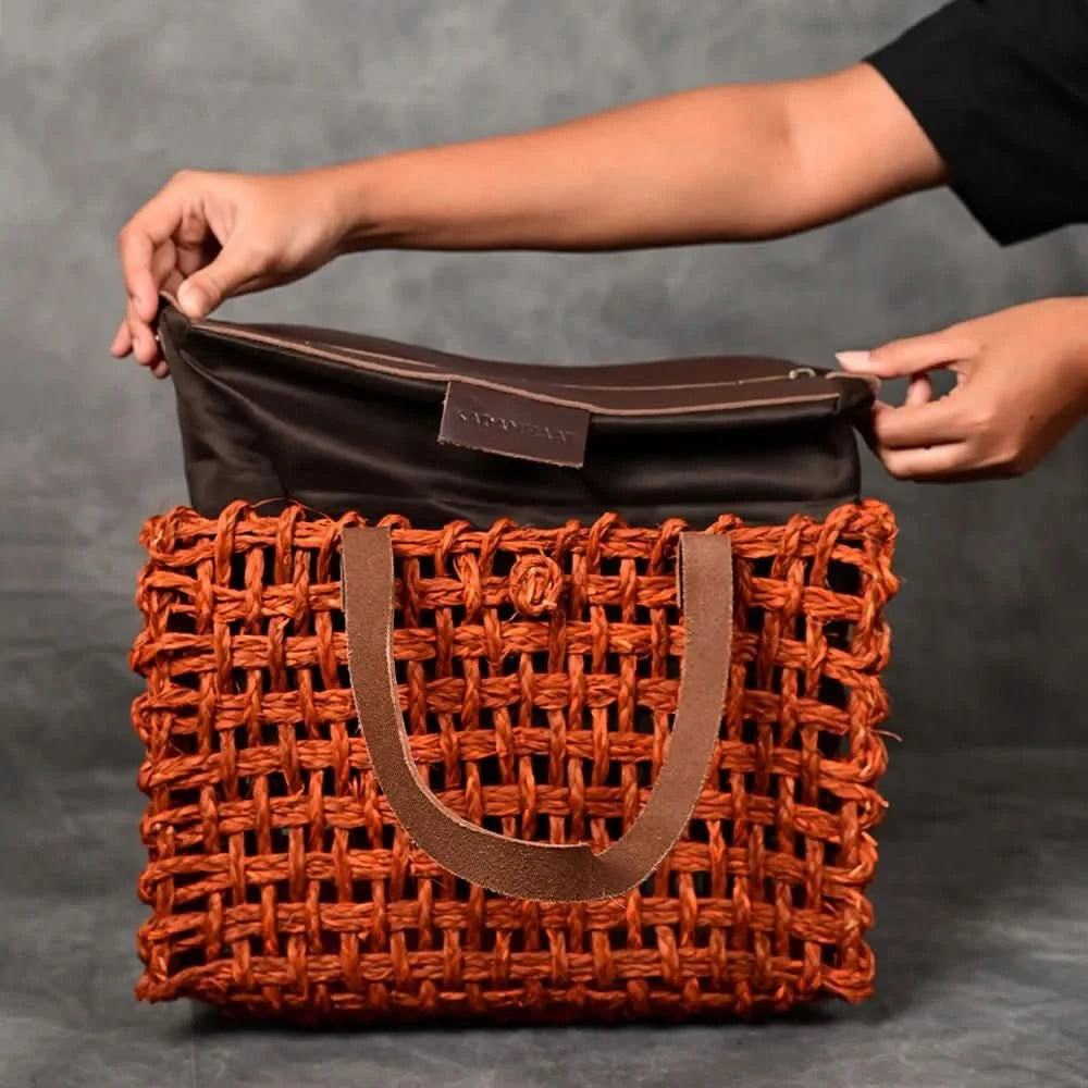 Handmade Sabai Grass Small Mesh Bag - Orange - Kadam Haat