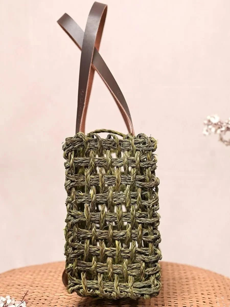 Handmade Sabai Grass Small Mesh Tote Bag - Avocado - Kadam Haat