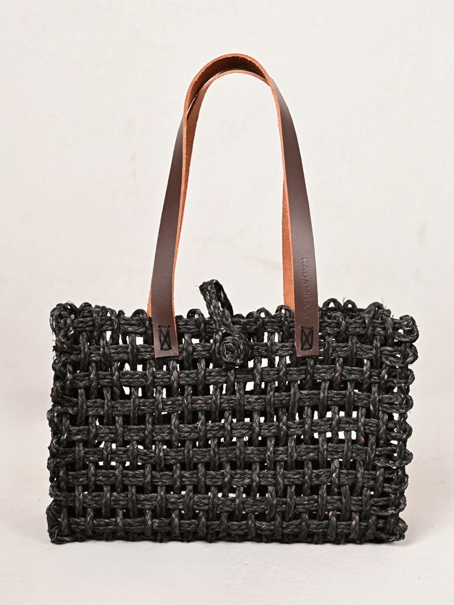 Handmade Sabai Grass Small Mesh Tote Bag - Black - Kadam Haat