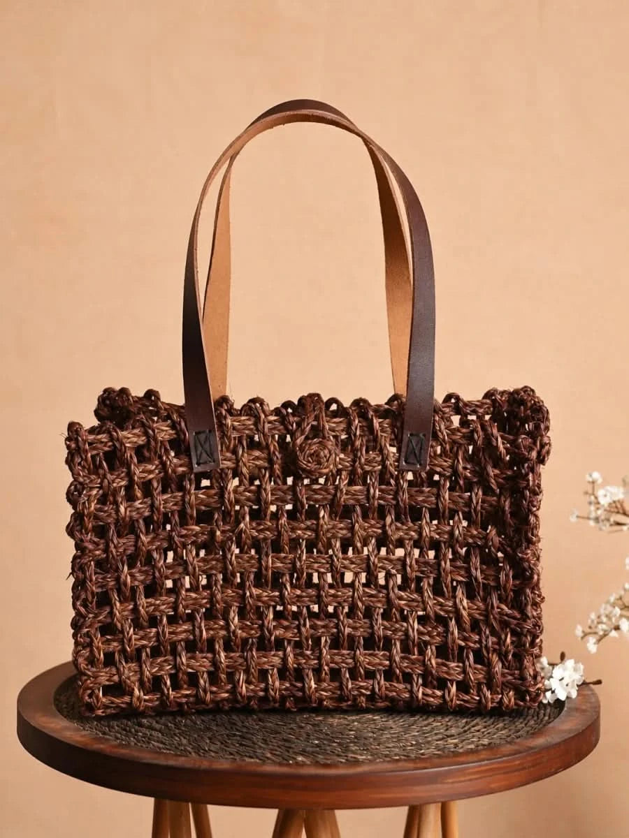 Handmade Sabai Grass Small Mesh Tote Bag - Brown - Kadam Haat