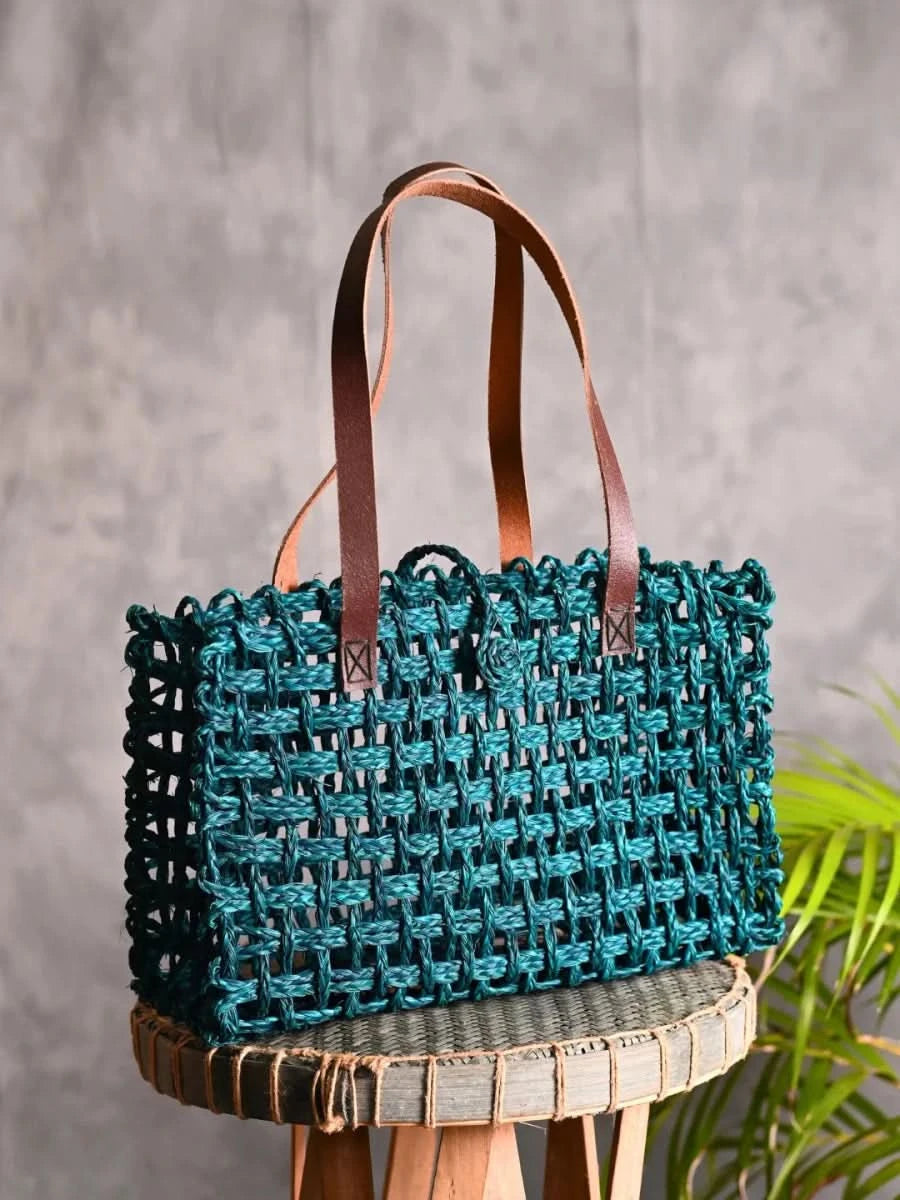 Handmade Sabai Grass Small Mesh Tote Bag - Indigo - Kadam Haat