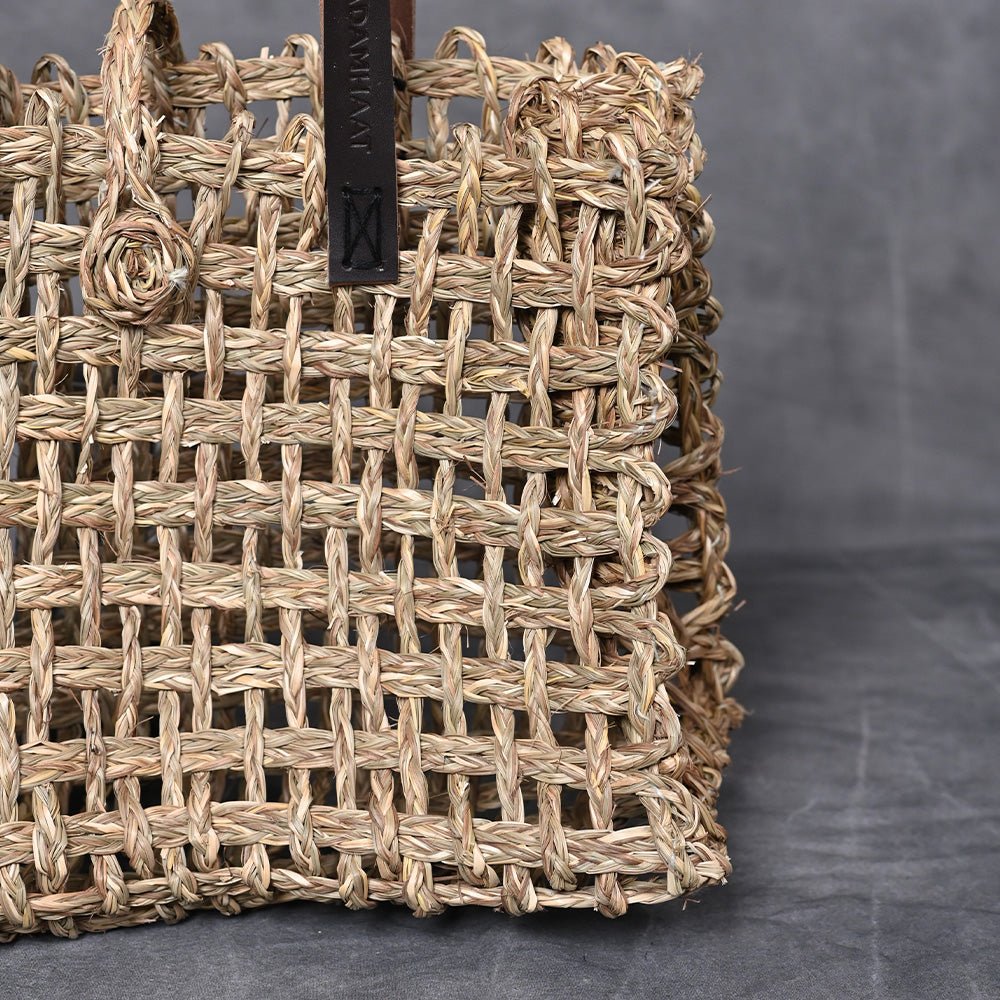 Handmade Sabai Grass Small Mesh Tote Bag - Natural - Kadam Haat