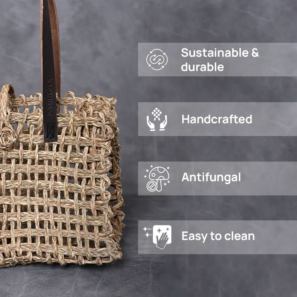 Handmade Sabai Grass Small Mesh Tote Bag - Natural - Kadam Haat