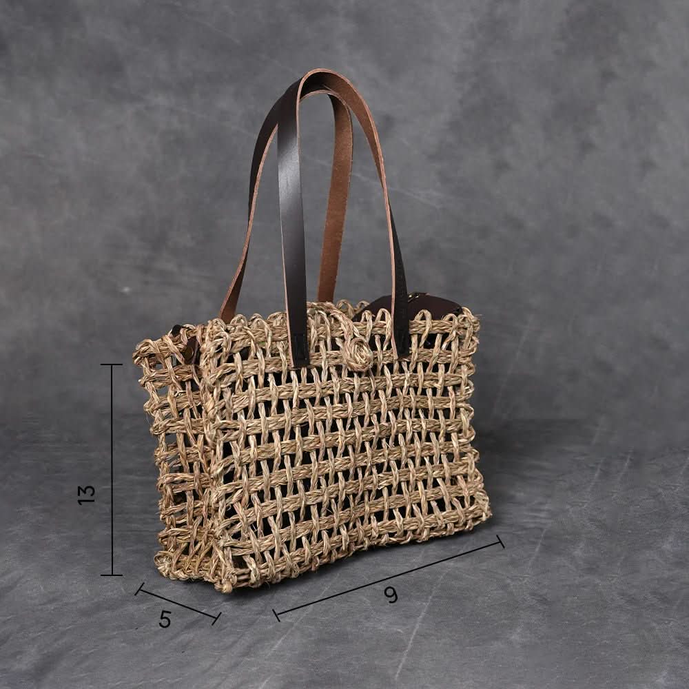 Handmade Sabai Grass Small Mesh Tote Bag - Natural - Kadam Haat