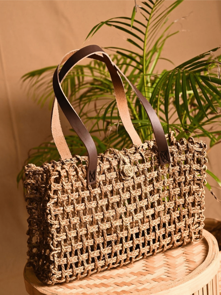 Handmade Sabai Grass Small Mesh Tote Bag - Natural - Kadam Haat