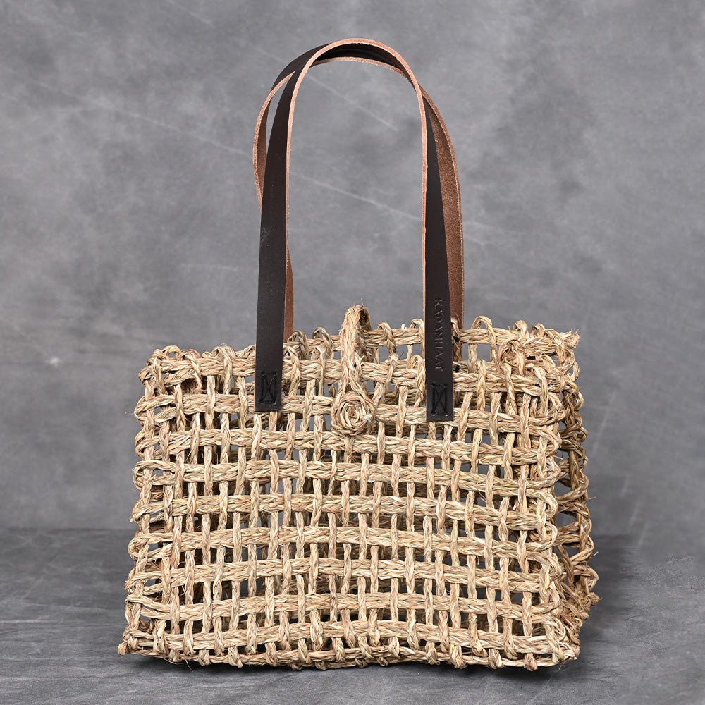 Handmade Sabai Grass Small Mesh Tote Bag - Natural - Kadam Haat
