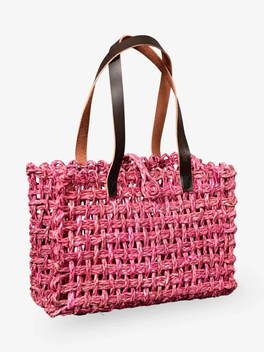 Handmade Sabai Grass Small Mesh Tote Bag - Pink - Kadam Haat