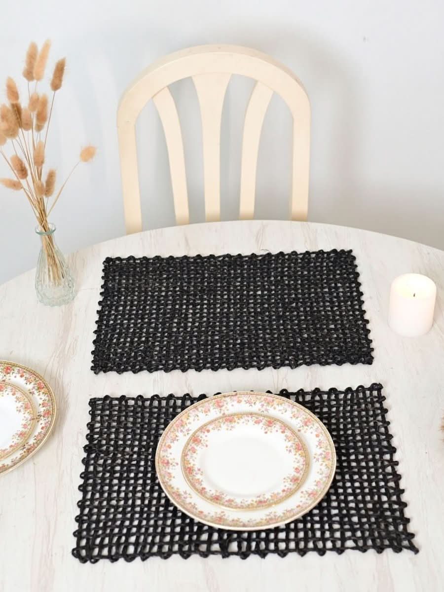 Handmade Sabai Grass Table Mat - Rectangular Set of 6, Black - Kadam Haat
