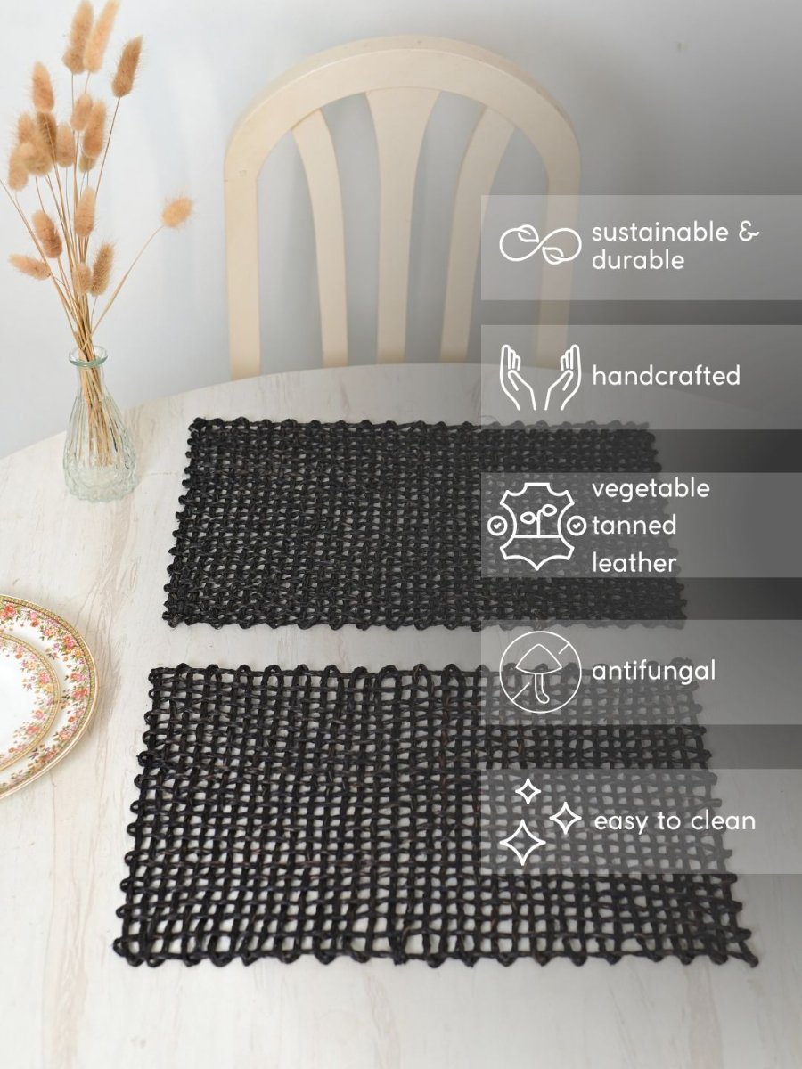 Handmade Sabai Grass Table Mat - Rectangular Set of 6, Black - Kadam Haat