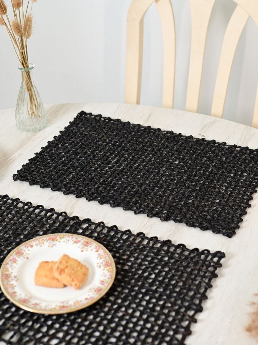 Handmade Sabai Grass Table Mat - Rectangular Set of 6, Black - Kadam Haat