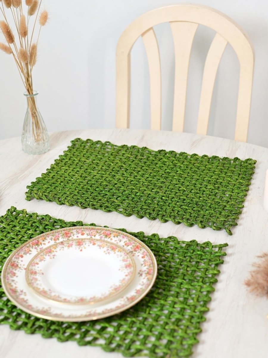 Handmade Sabai Grass Table Mat - Rectangular Set of 6, Green - Kadam Haat
