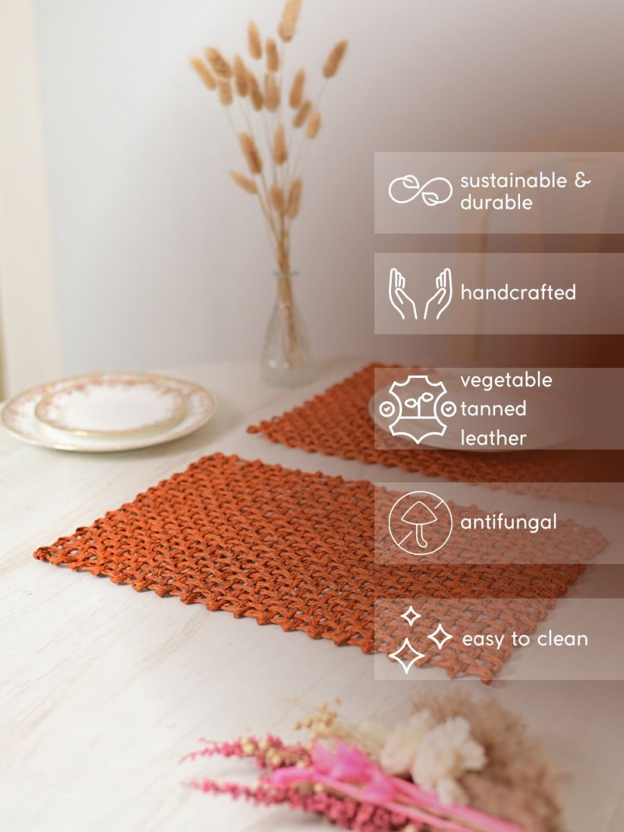 Handmade Sabai Grass Table Mat - Rectangular Set of 6, Orange - Kadam Haat