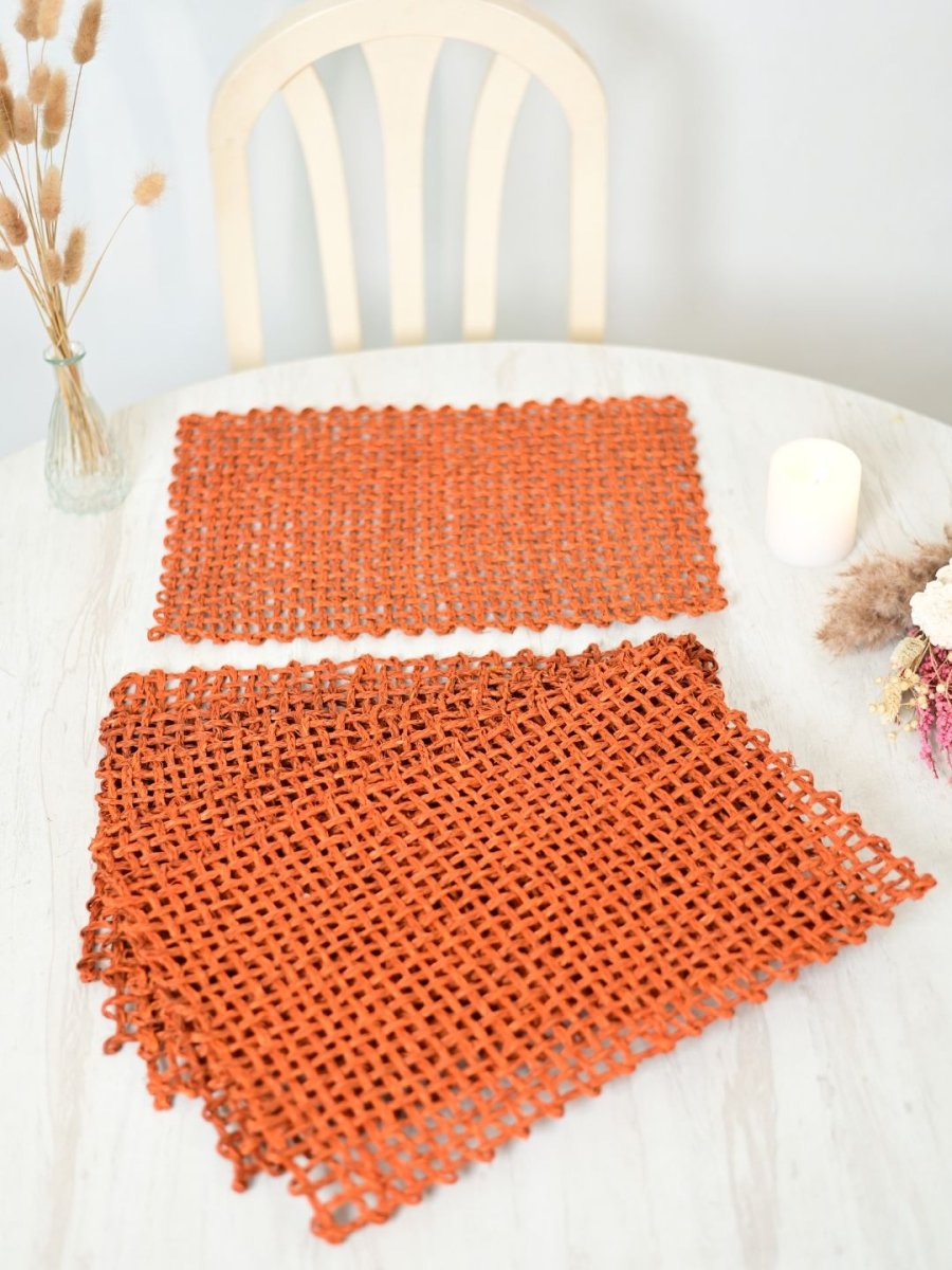 Handmade Sabai Grass Table Mat - Rectangular Set of 6, Orange - Kadam Haat