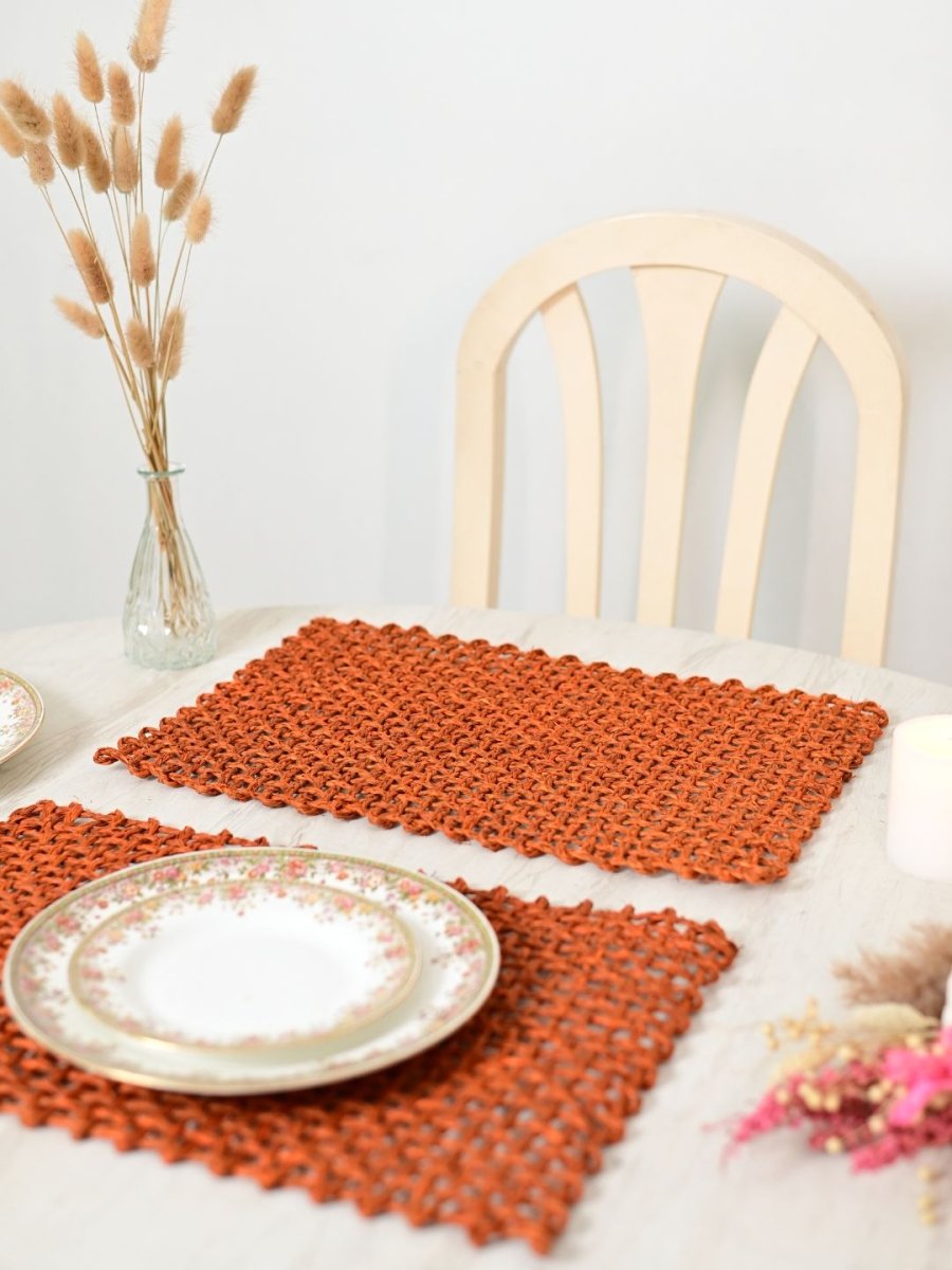 Handmade Sabai Grass Table Mat - Rectangular Set of 6, Orange - Kadam Haat