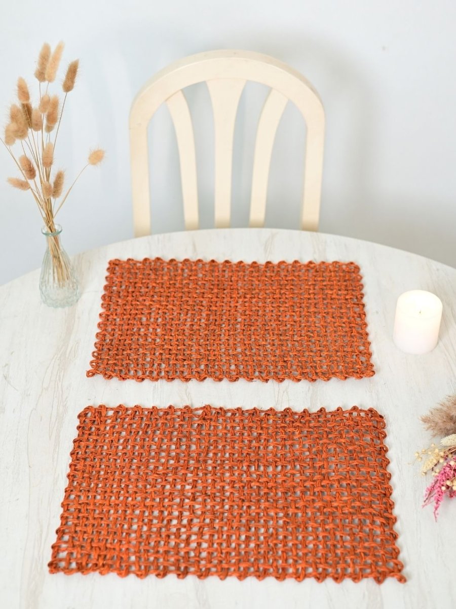 Handmade Sabai Grass Table Mat - Rectangular Set of 6, Orange - Kadam Haat