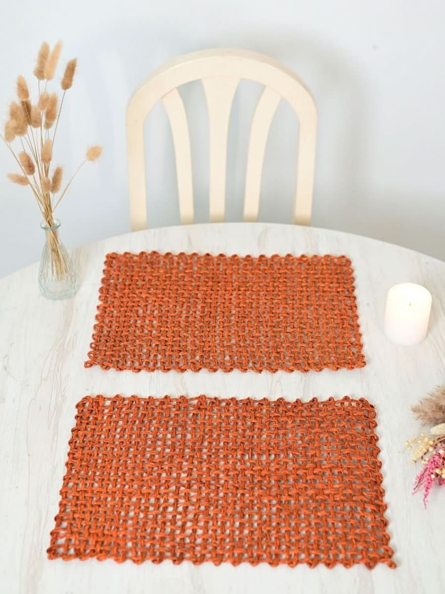Handmade Sabai Grass Table Mat - Rectangular Set of 6, Orange - Kadam Haat