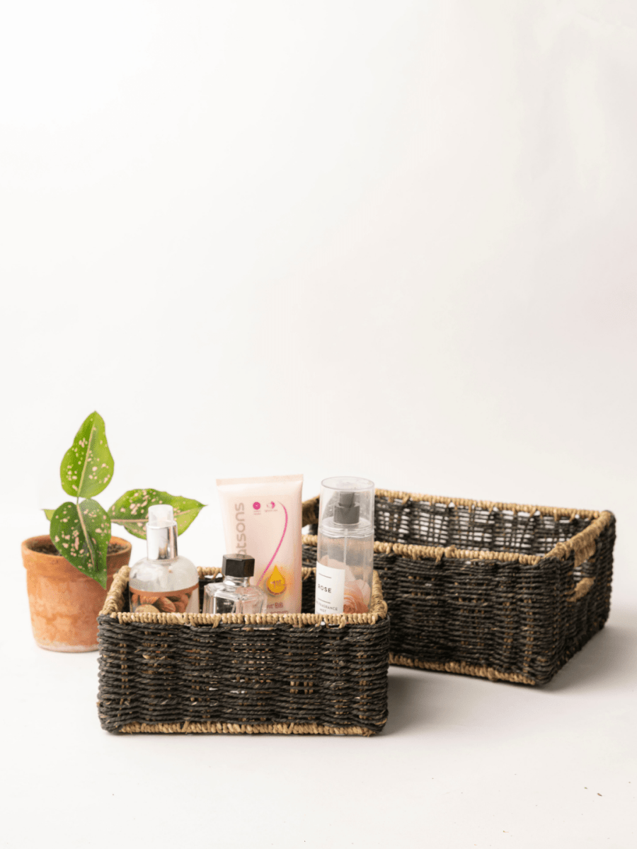 Handmade Sabai Grass Towel Basket - Combo/Black - Kadam Haat
