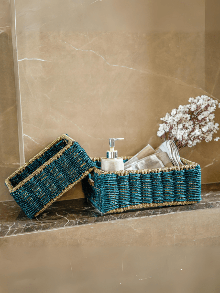 Handmade Sabai Grass Towel Basket - Combo/Indigo - Kadam Haat