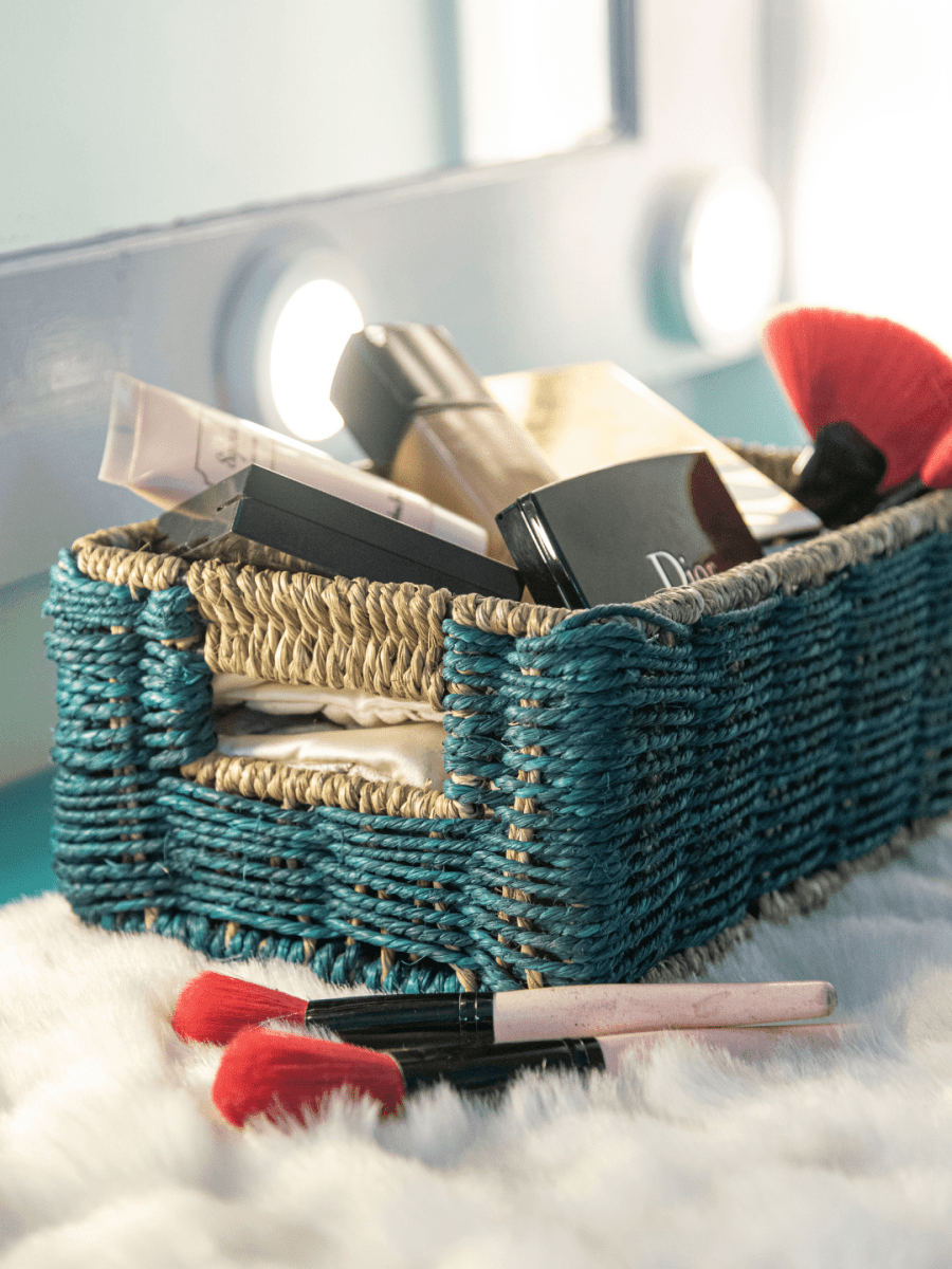 Handmade Sabai Grass Towel Basket - Combo/Indigo - Kadam Haat