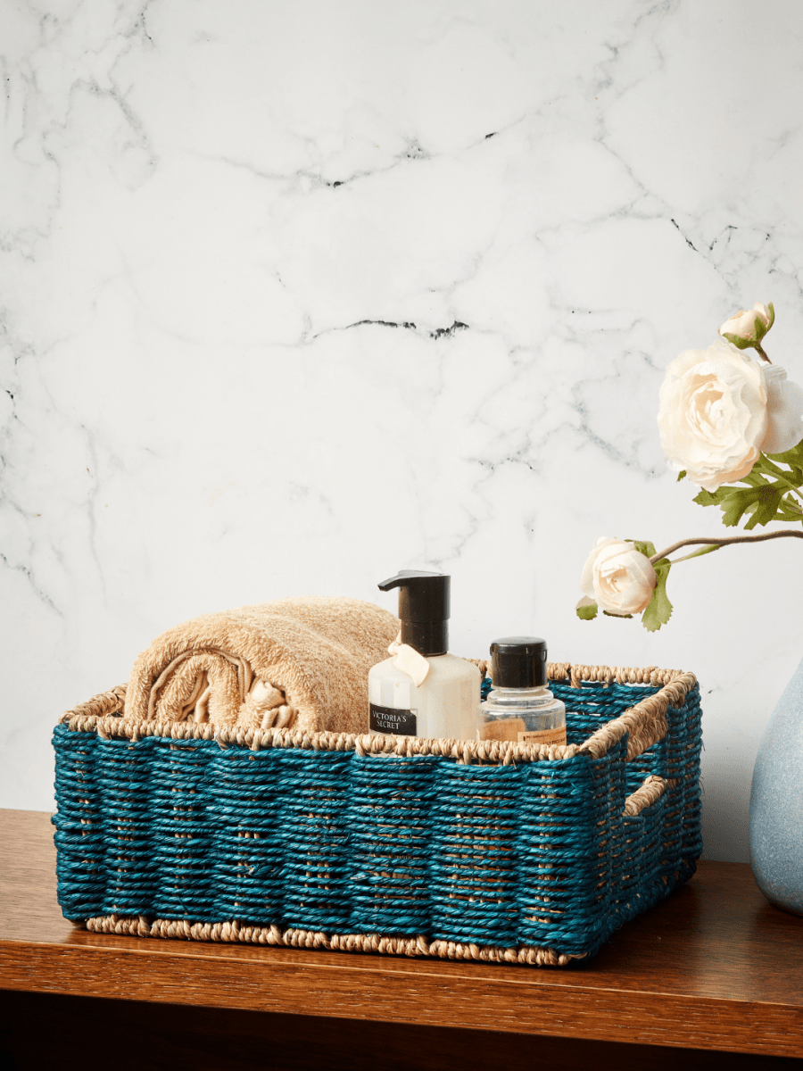 Handmade Sabai Grass Towel Basket - Large/Indigo - Kadam Haat