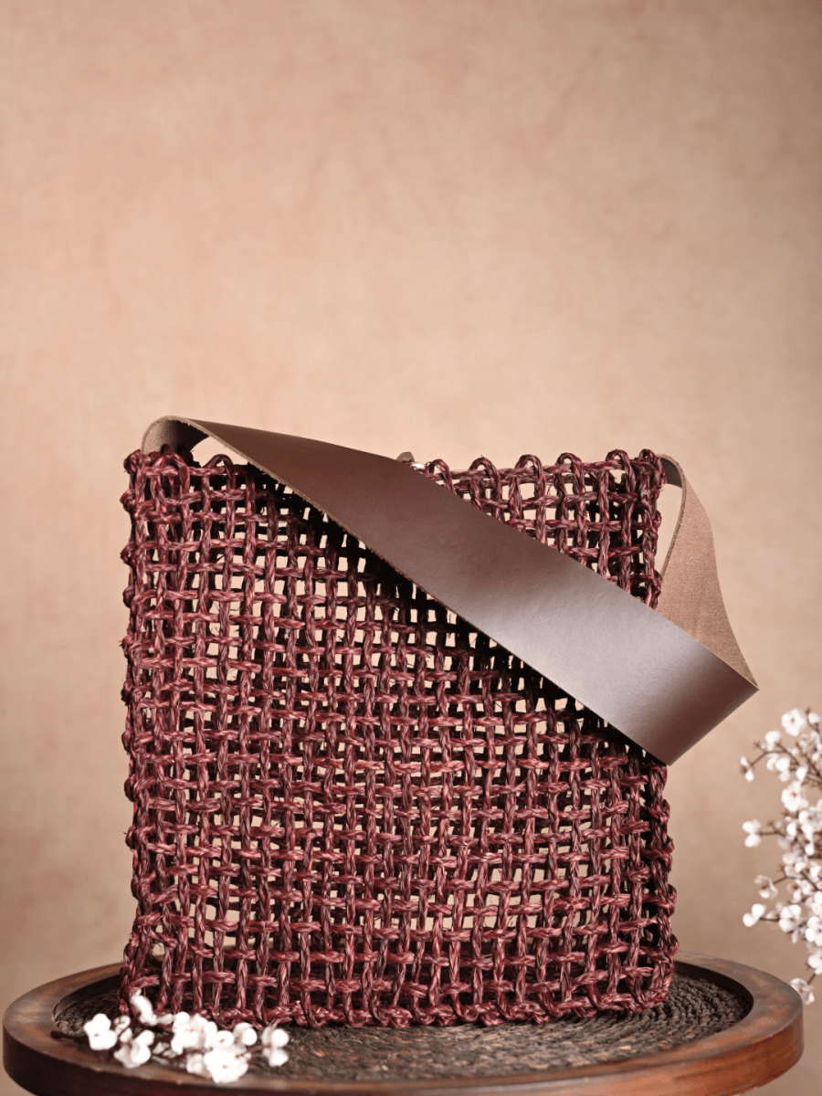 Handmade Sabai Grass Uno Mesh Bag - Brown - Kadam Haat