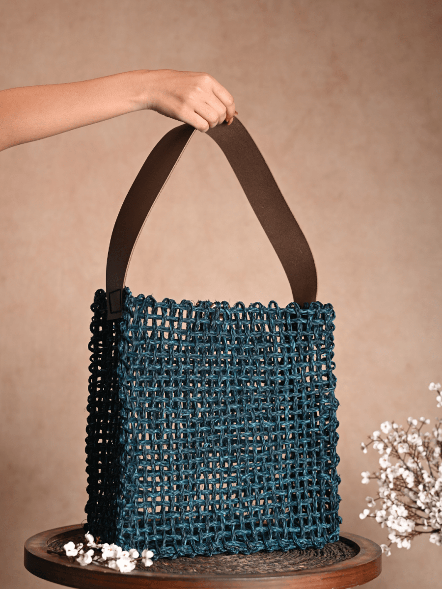 Handmade Sabai Grass Uno Mesh Bag - Indigo - Kadam Haat