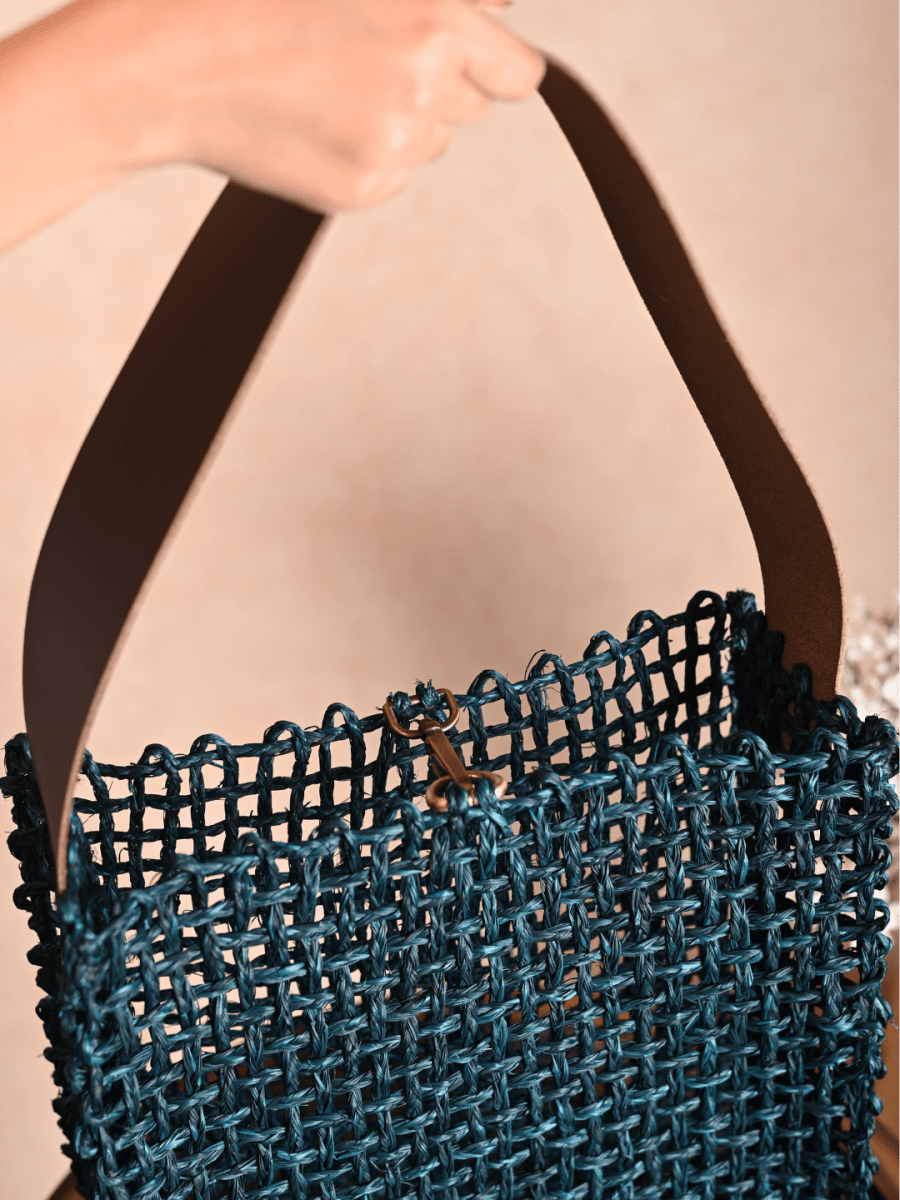Handmade Sabai Grass Uno Mesh Bag - Indigo - Kadam Haat