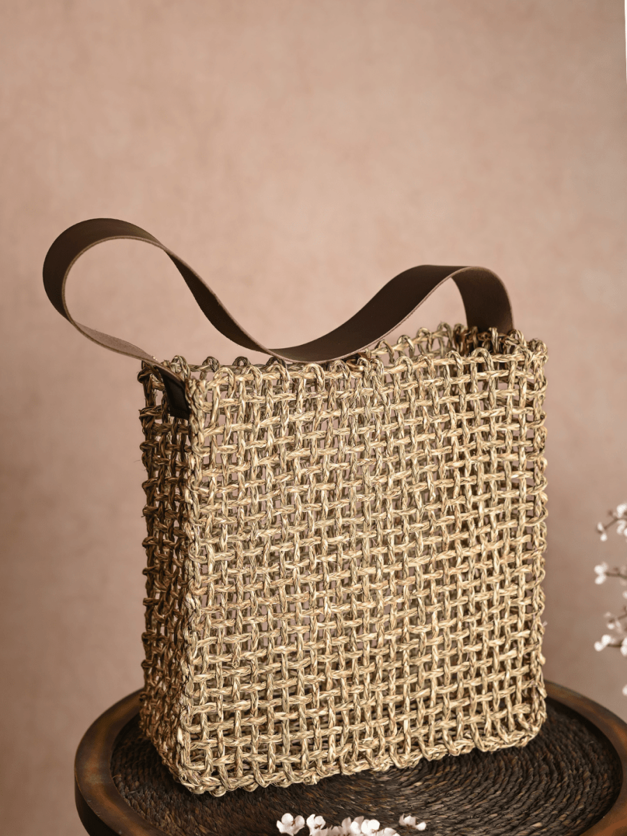 Handmade Sabai Grass Uno Mesh Bag - Natural - Kadam Haat