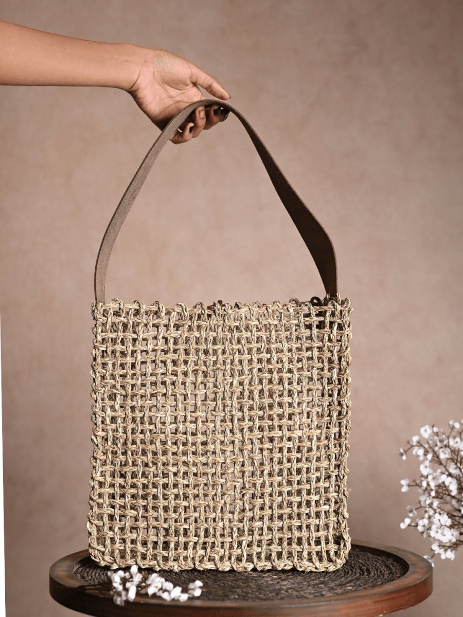 Handmade Sabai Grass Uno Mesh Bag - Natural - Kadam Haat