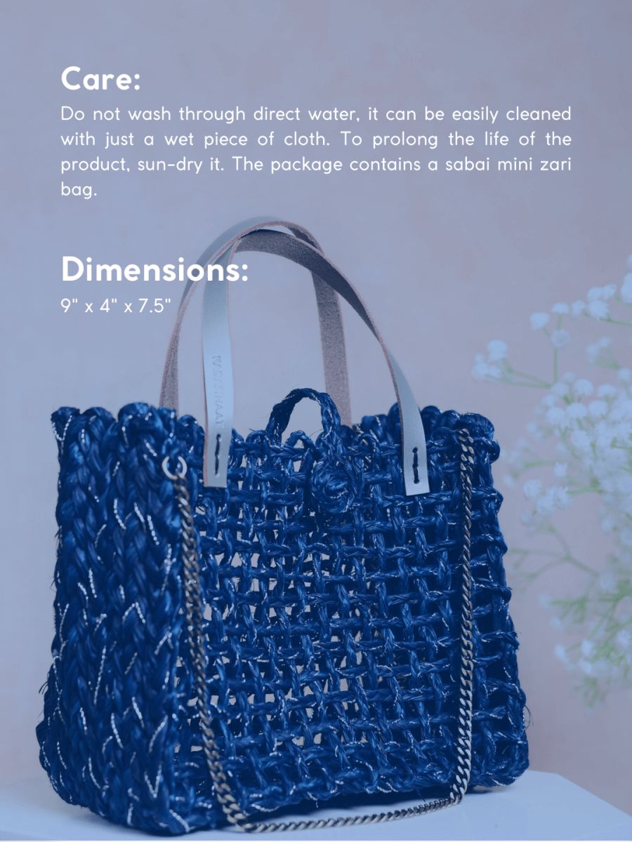 Handmade Sabai Grass Zari Mini Mesh Bag - Neer Silver - Kadam Haat