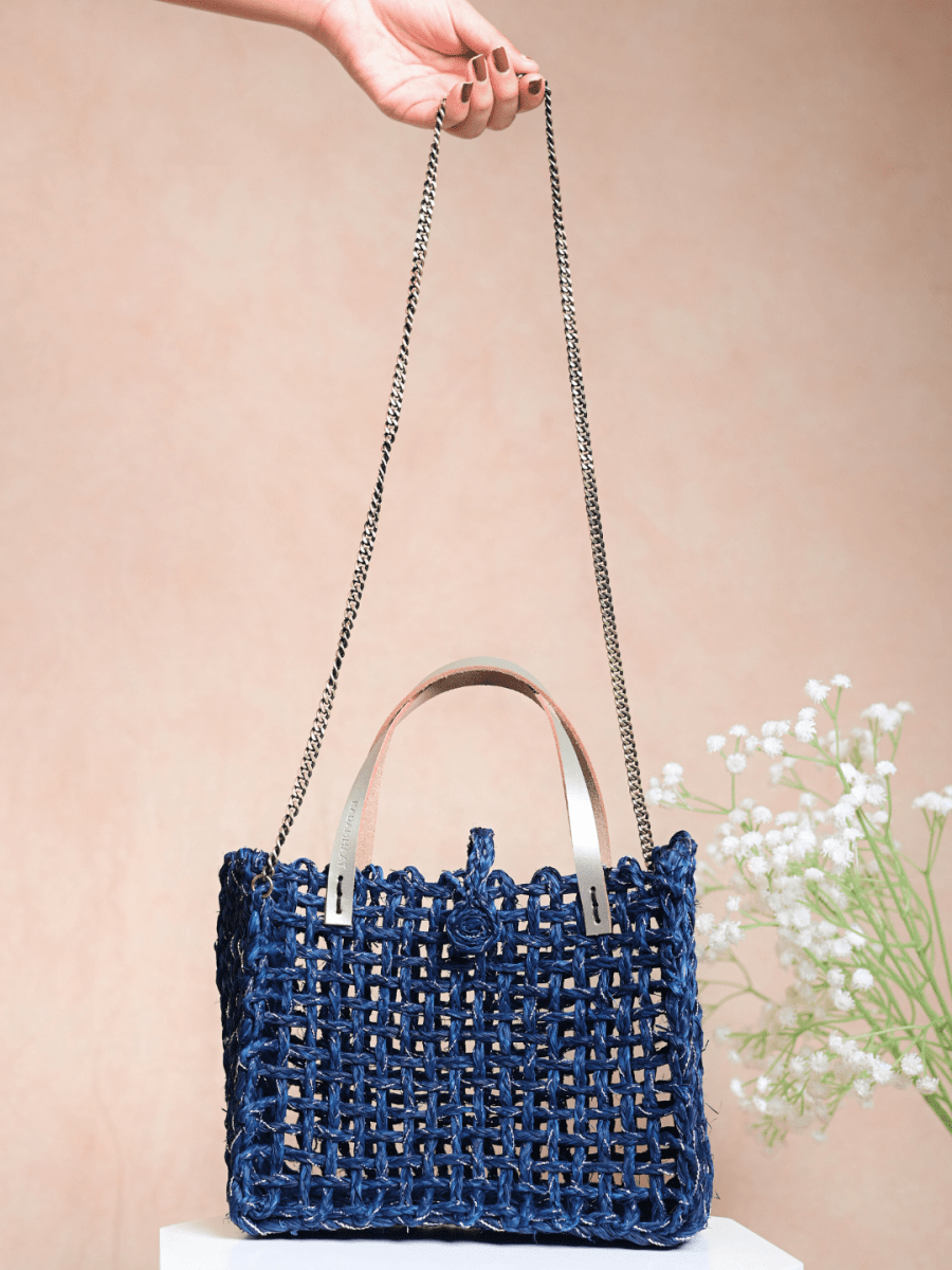 Handmade Sabai Grass Zari Mini Mesh Bag - Neer Silver - Kadam Haat