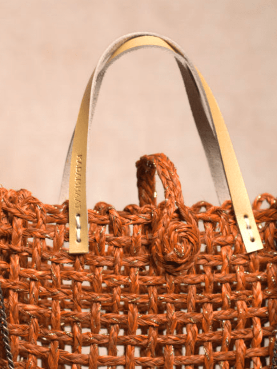 Handmade Sabai Grass Zari Mini Mesh Bag - Orange Gold - Kadam Haat
