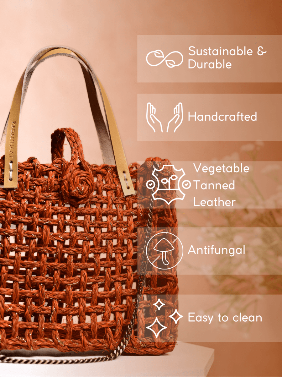 Handmade Sabai Grass Zari Mini Mesh Bag - Orange Gold - Kadam Haat