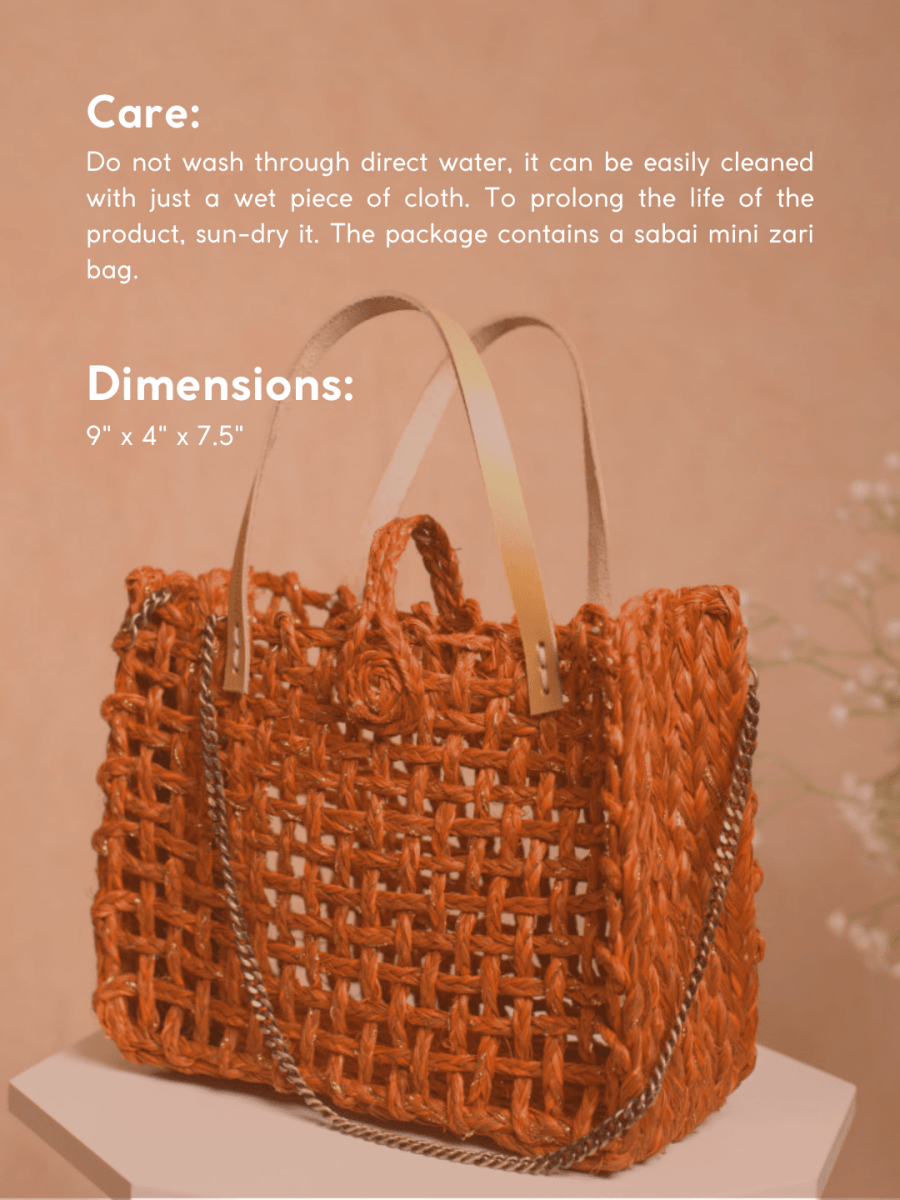 Handmade Sabai Grass Zari Mini Mesh Bag - Orange Gold - Kadam Haat