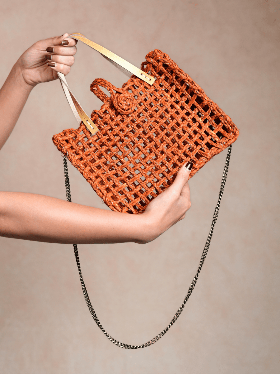 Handmade Sabai Grass Zari Mini Mesh Bag - Orange Gold - Kadam Haat