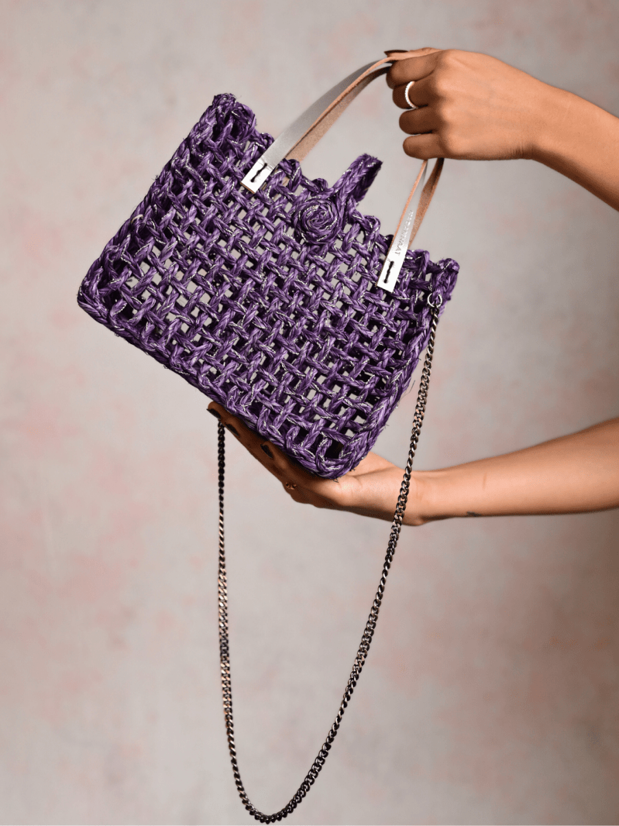 Handmade Sabai Grass Zari Mini Mesh Bag with Silver Handle - Lavender - Kadam Haat