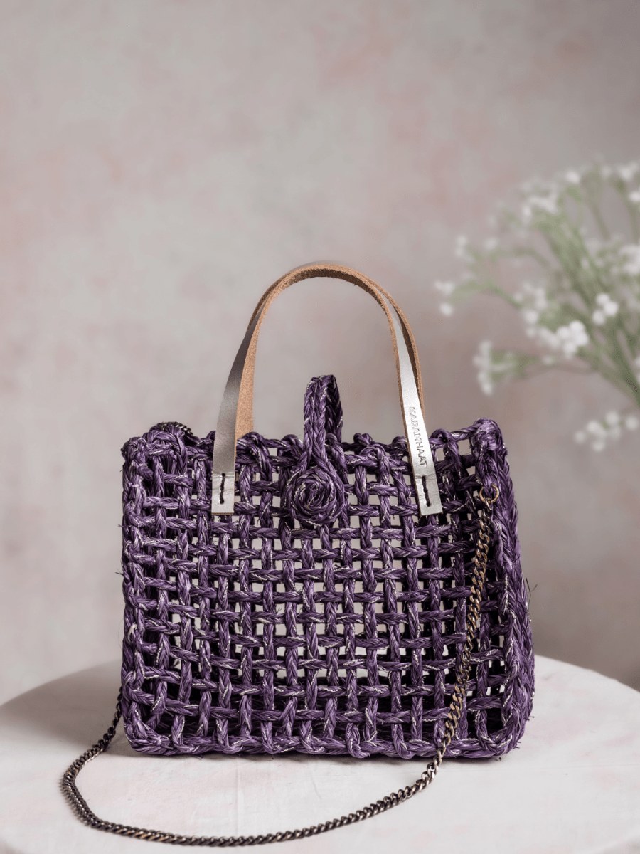 Handmade Sabai Grass Zari Mini Mesh Bag with Silver Handle - Lavender - Kadam Haat